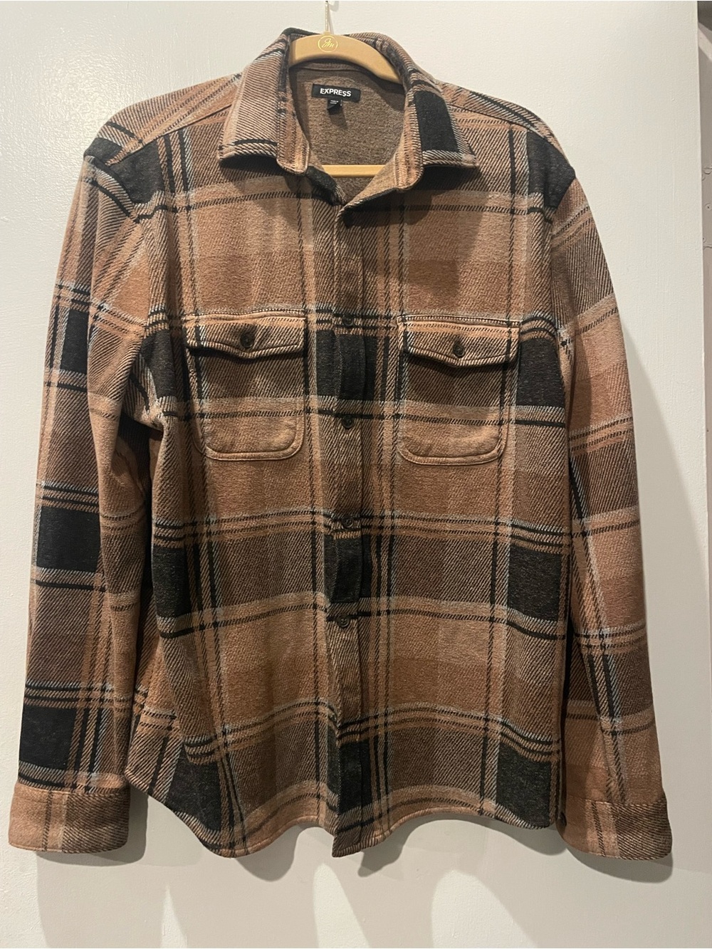 Express Men's Tan and Black Plaid Shirt Jacket